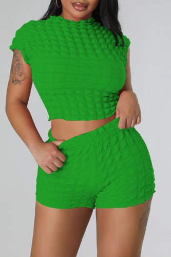 Green Casual Solid Patchwork O Neck Short Sleeve Two Pieces