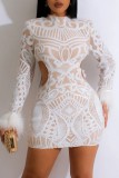 Witte sexy patchwork uitgeholde pailletten halve coltrui jurken met lange mouwen