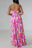 Blue Sexy Tropical Print Patchwork Strapless Straight Pleated Tube Wide Leg Jumpsuits