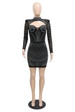 Black Sexy Patchwork Hot Drilling Hollowed Out See-through Half A Turtleneck Long Sleeve Dresses