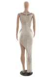 Apricot Sexy Formal Patchwork Hot Drilling Sequins Slit O Neck Evening Dress