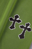 Ejército verde casual sólido bordado patchwork cuello cárdigan manga corta dos piezas