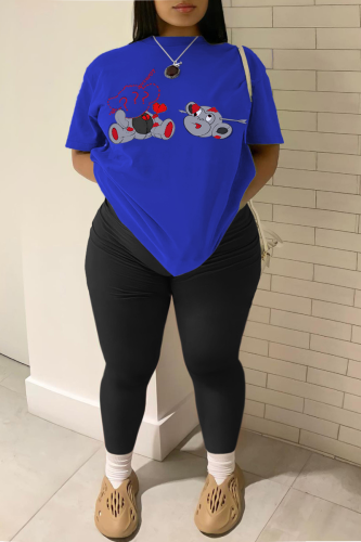Blue Casual Print Patchwork O Neck Plus Size Two Pieces