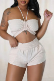 White Sexy Solid Bandage Patchwork Strapless Sleeveless Two Pieces Tube Crop Tops And Shorts Set