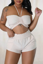 Khaki Sexy Solid Bandage Patchwork Strapless Sleeveless Two Pieces Tube Crop Tops And Shorts Set
