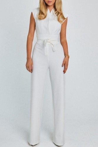 White Casual Solid Patchwork V Neck Regular Jumpsuits