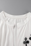 T-shirt con scollo a V patchwork ricamato solido bianco da strada sexy