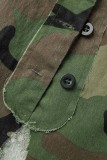 Vert Armée Décontracté Camouflage Imprimé Sapin De Noël Imprimé Patchwork Fente Col Rabattu Manches Courtes Deux Pièces