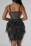 Noir Sexy Patchwork Hot Drilling See-through Plumes Dos Nu Spaghetti Strap Robe Sans Manches Robes