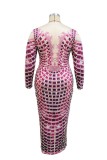 Roze casual print patchwork Hot Drill O-hals jurken met lange mouwen