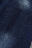 Синие повседневные однотонные рваные лоскутные отложные воротники без рукавов Обычные джинсовые комбинезоны
