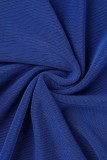 Blauwe sexy effen doorzichtige rugloze halter driedelige set met lange mouwen