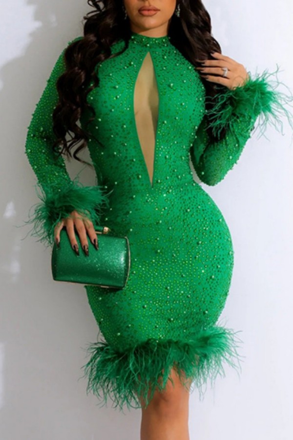Groene sexy patchwork hete boren uitgeholde halve coltrui jurken met lange mouwen