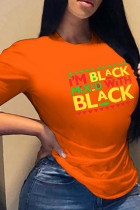 T-shirt con scollo a O patchwork con stampa casual rosso mandarino
