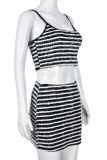 Black Sexy Striped Backless Spaghetti Strap Sleeveless Two Pieces