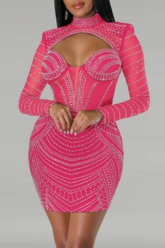 Pink Sexy Patchwork Hot Drilling Hollowed Out See-through Half A Turtleneck Long Sleeve Dresses