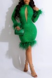 緑のセクシーなパッチワーク ホット掘削くり抜か半分タートルネック長袖ドレス