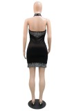 Black Sexy Patchwork Hot Drilling See-through Turtleneck Sleeveless Dress Dresses