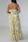 Blue Sexy Tropical Print Patchwork Strapless Straight Pleated Tube Wide Leg Jumpsuits