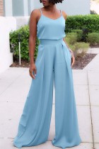 Blue Casual Solid Backless Vests Pants V Neck Sleeveless Two Pieces
