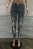 Blue Casual Solid Bandage Hollowed Out High Waist Skinny Denim Jeans