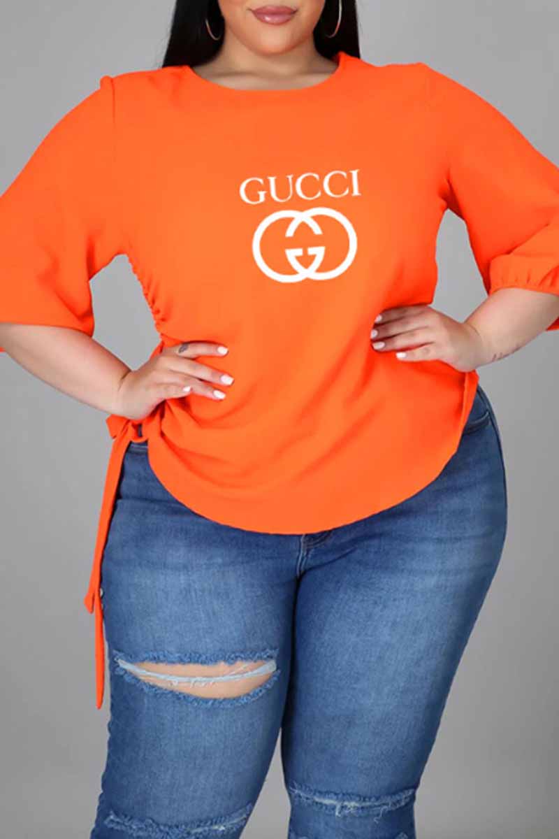 

Orange Casual Print Draw String Letter O Neck Plus Size Tops