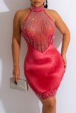 Красное сексуальное прозрачное платье без рукавов в стиле пэчворк