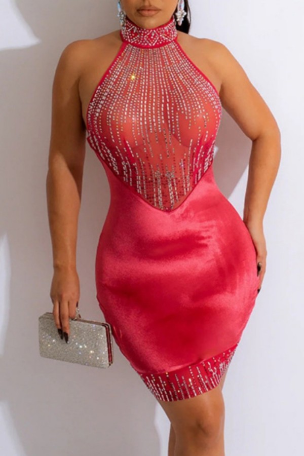 Красное сексуальное прозрачное платье без рукавов в стиле пэчворк