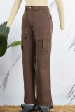 Bruine casual effen patchwork rechte jeans met hoge taille en rechte pijpen