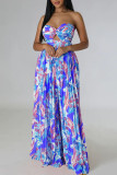 Blue Sexy Print Patchwork Strapless Straight Jumpsuits