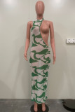 Groene sexy print uitgeholde patchwork O-hals onregelmatige jurk (zonder ondergoed)