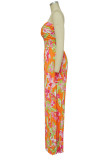 Green Yellow Sexy Tropical Print Patchwork Strapless Straight Pleated Tube Wide Leg Jumpsuits