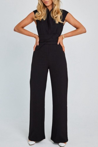 Black Casual Solid Patchwork V Neck Regular Jumpsuits