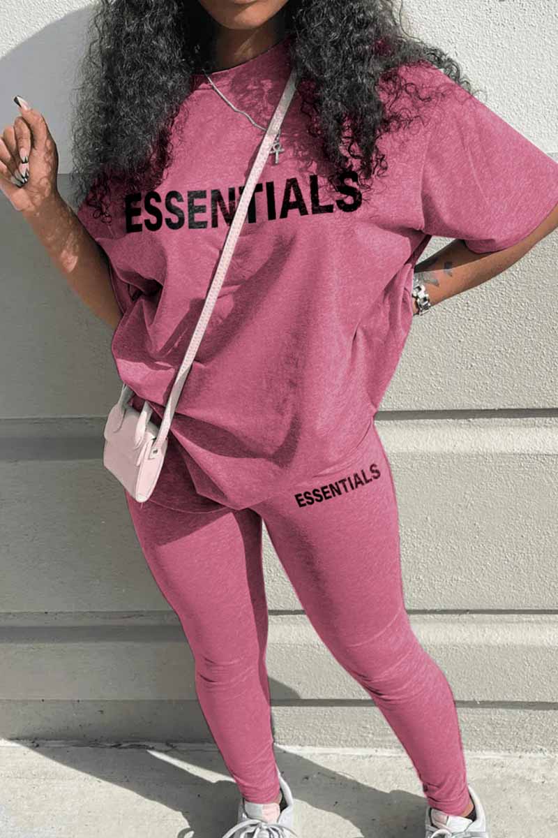 

Rose Red Fashion Casual Print Letter O Neck Short Sleeve Two Pieces