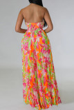 Tangerine Red Sexy Print Patchwork Strapless Straight Jumpsuits