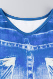 Blå Casual Print Basic O-hals långärmad två delar