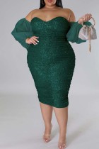 Tinta verde sexy formal patchwork ahuecado sin espalda fuera del hombro vestido de noche vestidos de talla grande