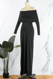 ブラック カジュアル ソリッド バックレス オフショルダー ロングドレス ドレス