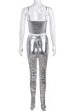 Silver Sexy Casual Solid Fold Pants Spaghetti Strap Sleeveless Two Pieces