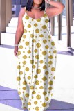 Gele casual stippenprint rugloze lange jurk met spaghettibandjes