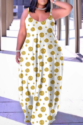 Wit-gele casual stippenprint rugloze lange jurk met spaghettibandjes