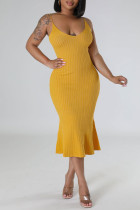 Vestido de tirante de espagueti de patchwork sólido informal amarillo Vestidos