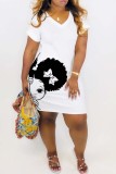 Orange Casual Print Basic V Neck Short Sleeve Dress