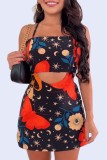 White Red Sexy Casual Print Hollowed Out Backless Spaghetti Strap Sleeveless Dress Dresses