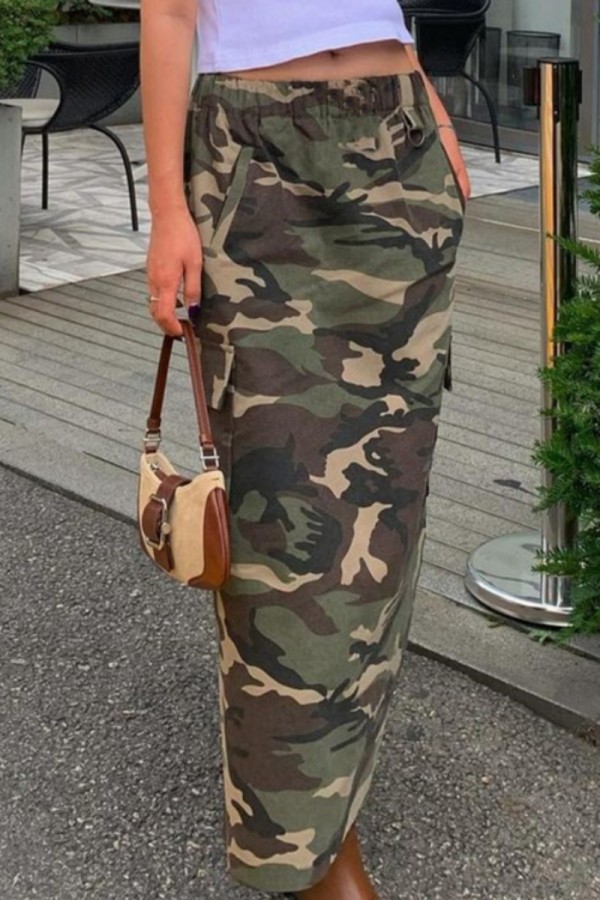 Camouflage Casual Camouflage Print Patchwork Vanlig hög midja Konventionell kjol med heltryck