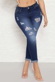Jeans de mezclilla ajustados de cintura alta rasgados sólidos informales azul profundo