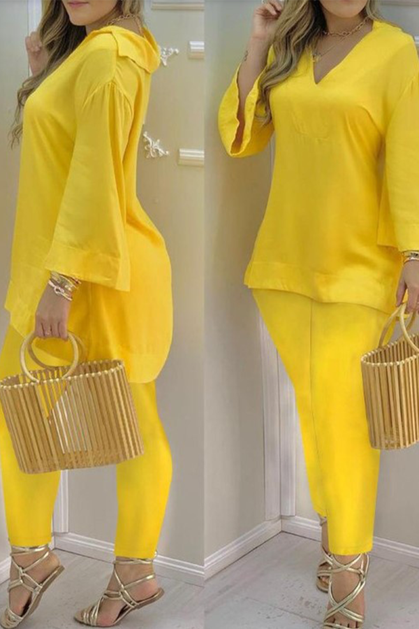 Yellow Casual Solid Patchwork V Neck Long Sleeve Two Pieces