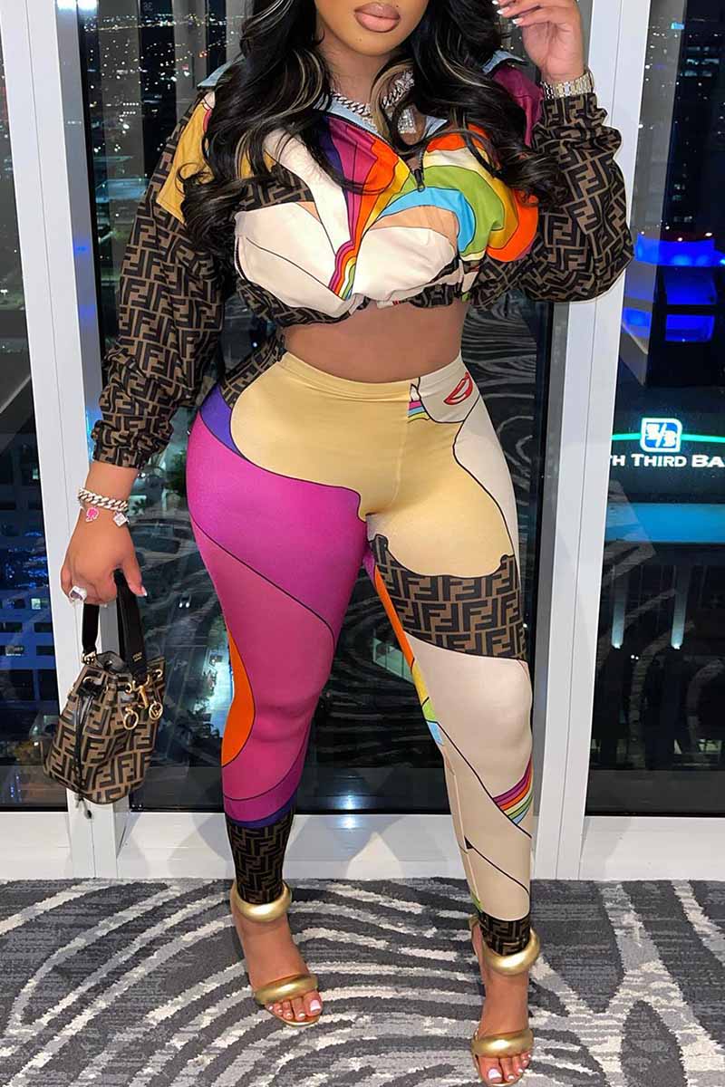 

Multicolor Sexy Print Patchwork Letter Zipper Collar Long Sleeve Two Pieces