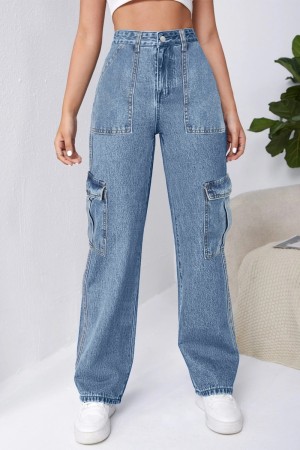 Blue Casual Solid Patchwork High Waist Regular Denim Jeans