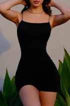 Macacão skinny preto sexy casual sólido sem costas com alça de espaguete